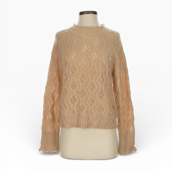 J. Crew Pointelle Scallop Trim Sweater Size S Camel Wool Alpaca Blend Open Knit - Picture 2 of 9